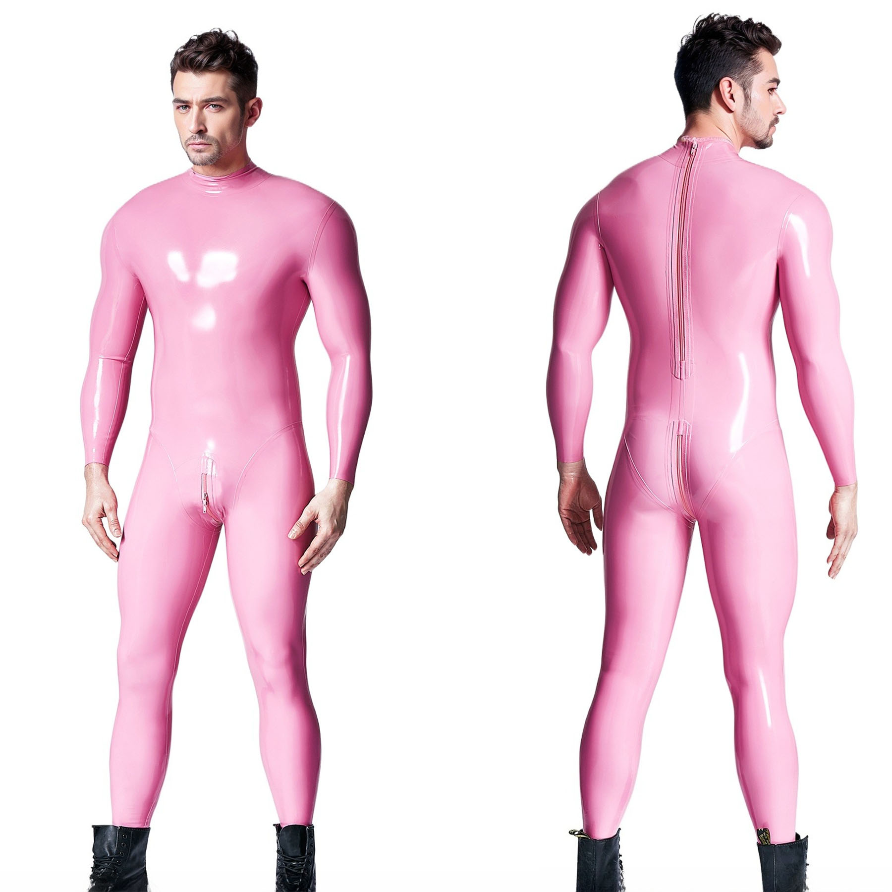 Mens Fashion Jumpsuit - El yapımı Pembe Lateks Tam Vücut