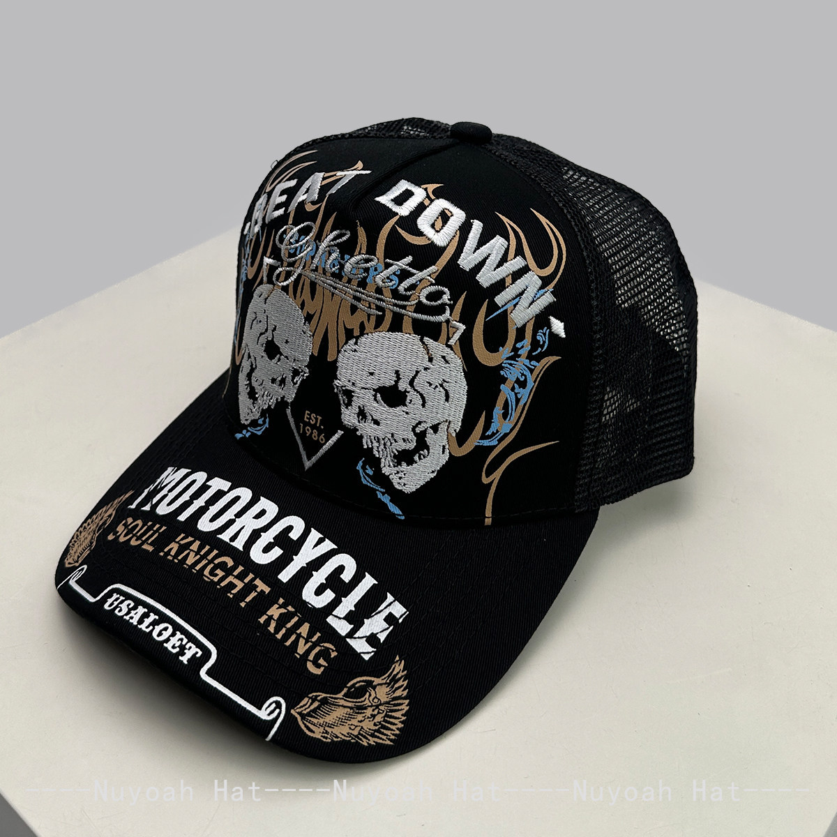 Trucker Hat Cap - Kafatası Alev İşlemeli Sert Üstlü Trucker