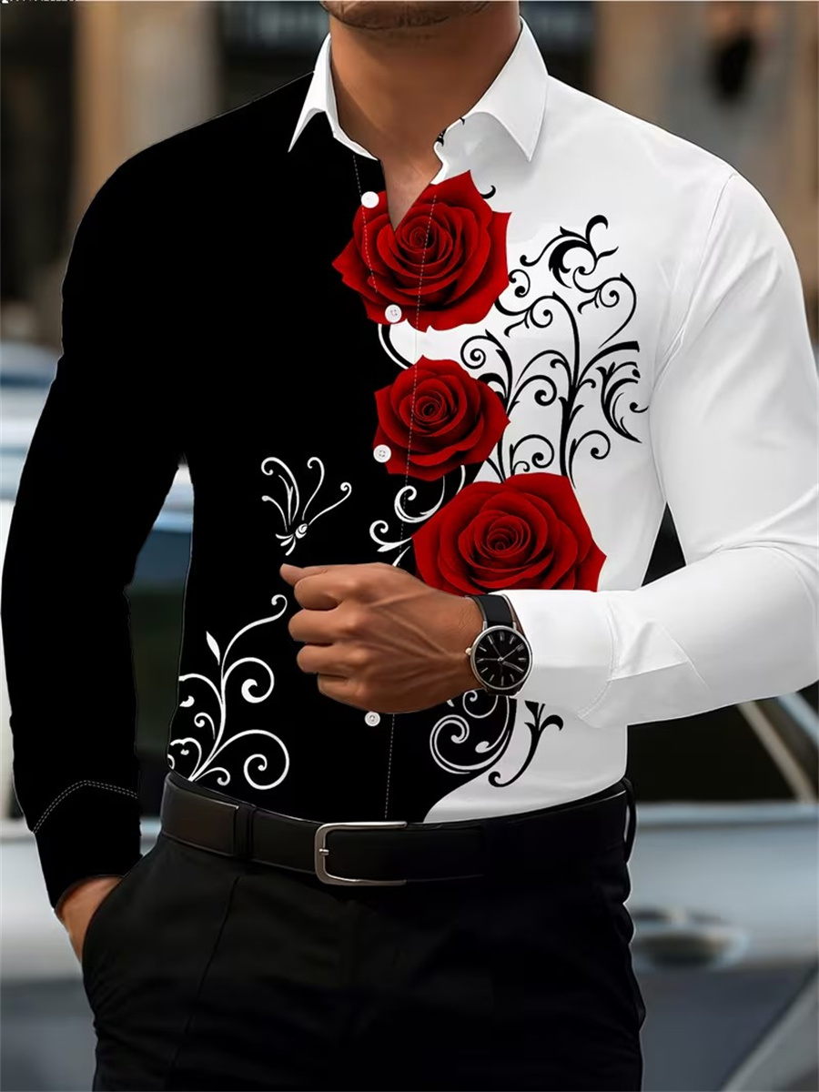 Quality Men'S Fashion - Erkek Kırmızı Gül Baskılı Uzun Kollu