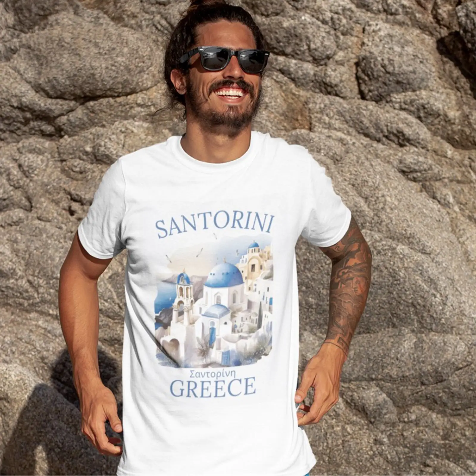 Men'S Fashion Greece - Santorini Yunanistan Güzel Manzara Baskılı Tişört